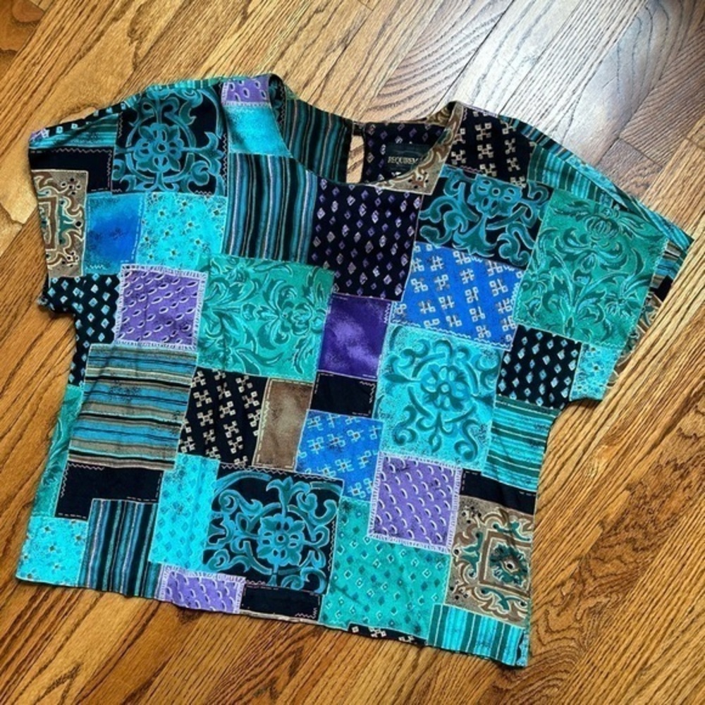 Vintage 80s Requirements Teal & Purple Patchwork Women’s Blouse Sz Large Petite